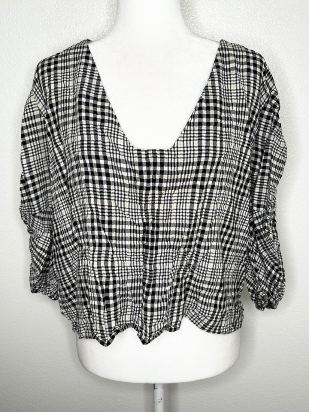 ZARA Womens Black & White Plaid Oversized Long Sleeve Popover Top Size M
